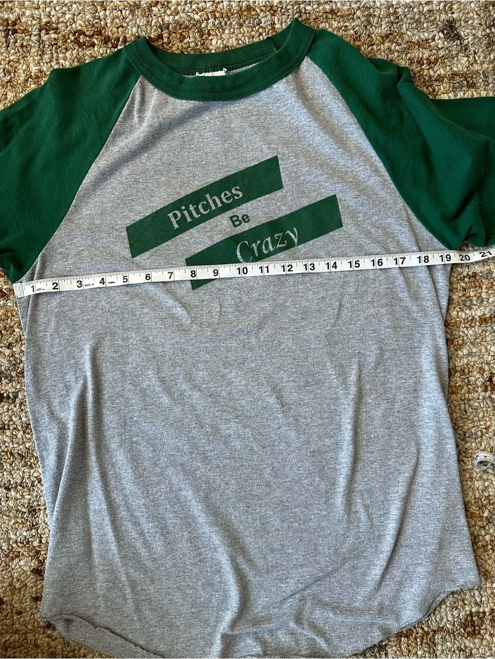 Gray Baseball Raglan Tee with Dark Green Sleeves - 'Pitches Be Crazy'
